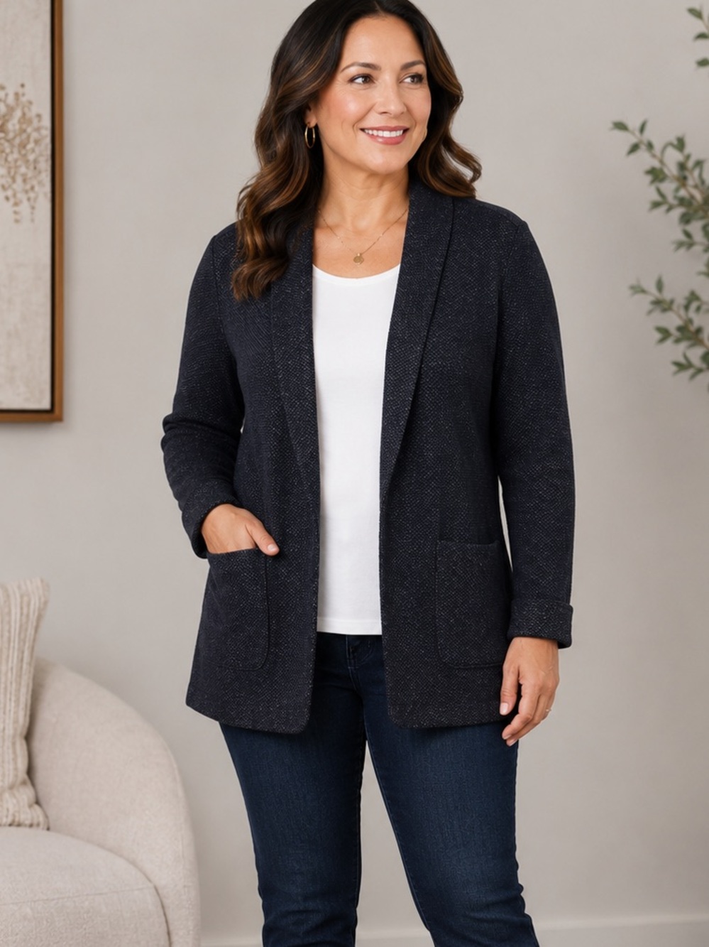Croft & Barrow XXL Textured Knit Open Front Blazer Jacket Navy Patch Pockets